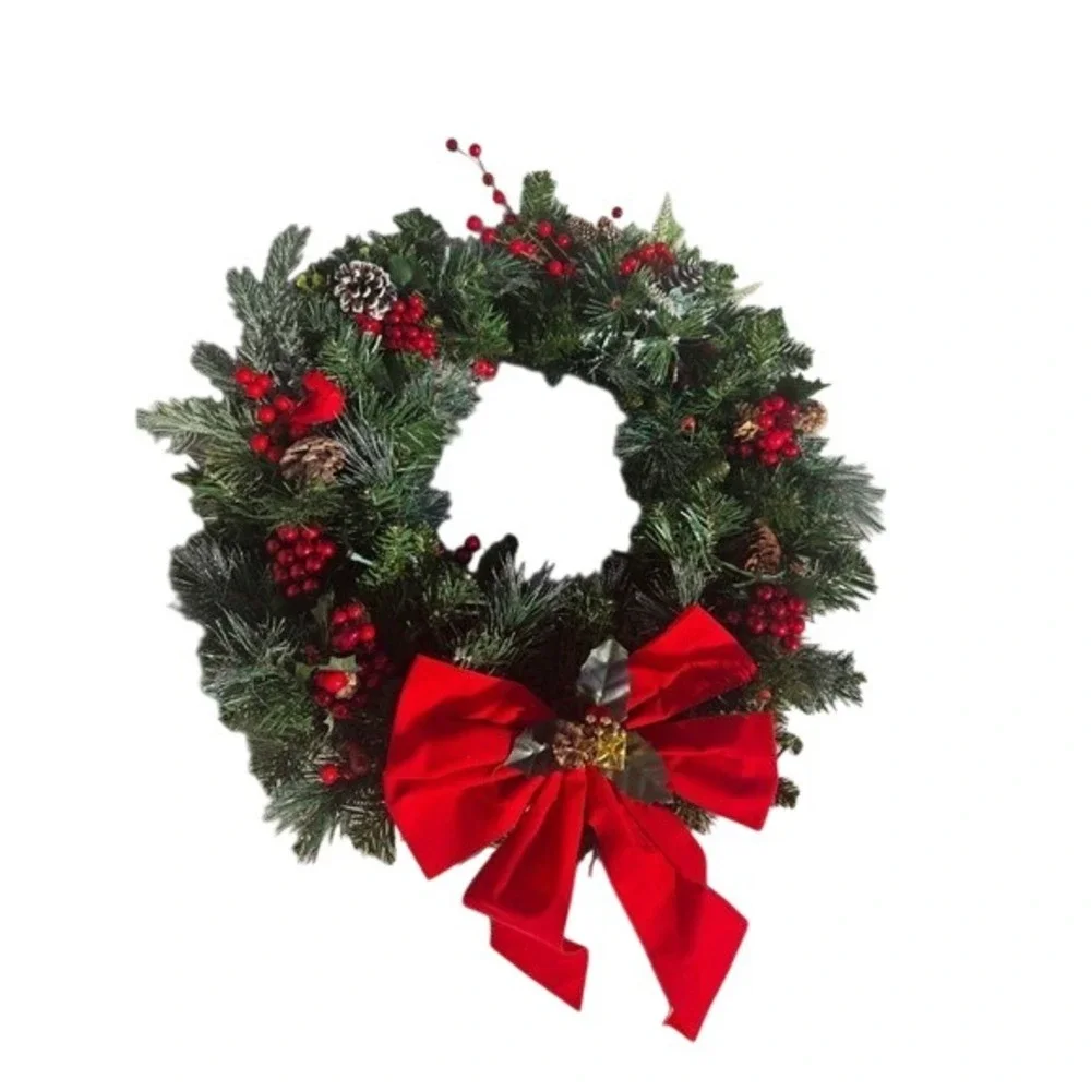 Christmas Wreath Red‎ Bow Pinecones Berries Holiday Home Decor